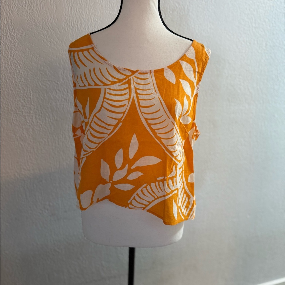 Tropical Orange and White Leaf Print Tank Top